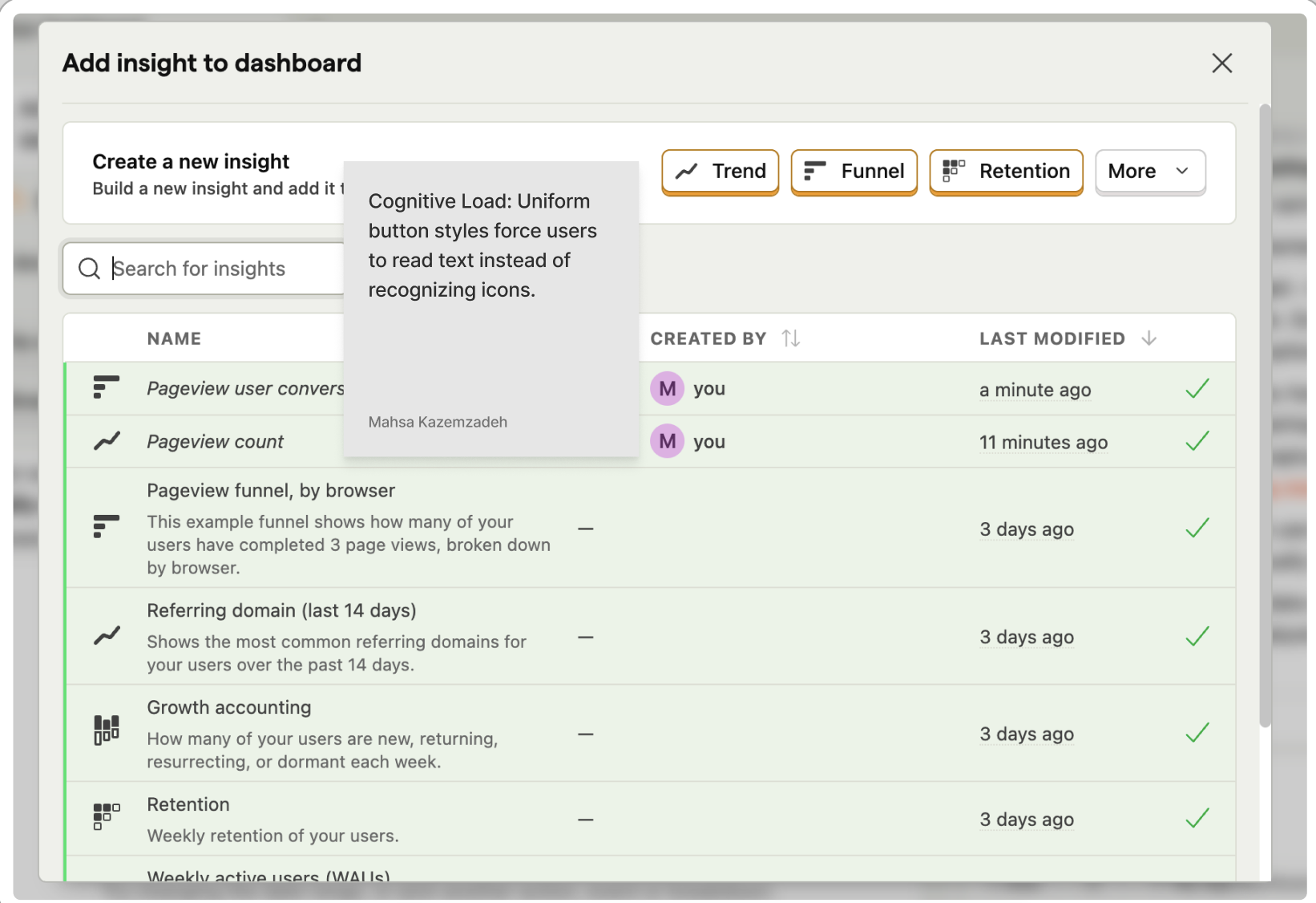 Annotated 'Add insight to dashboard' modal showing how uniform button styles force users to read text instead of recognising icons