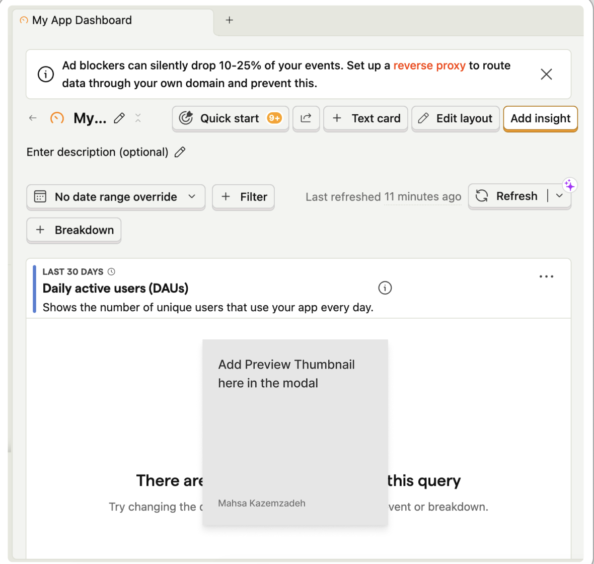 Annotated audit screen from the insight-to-dashboard flow