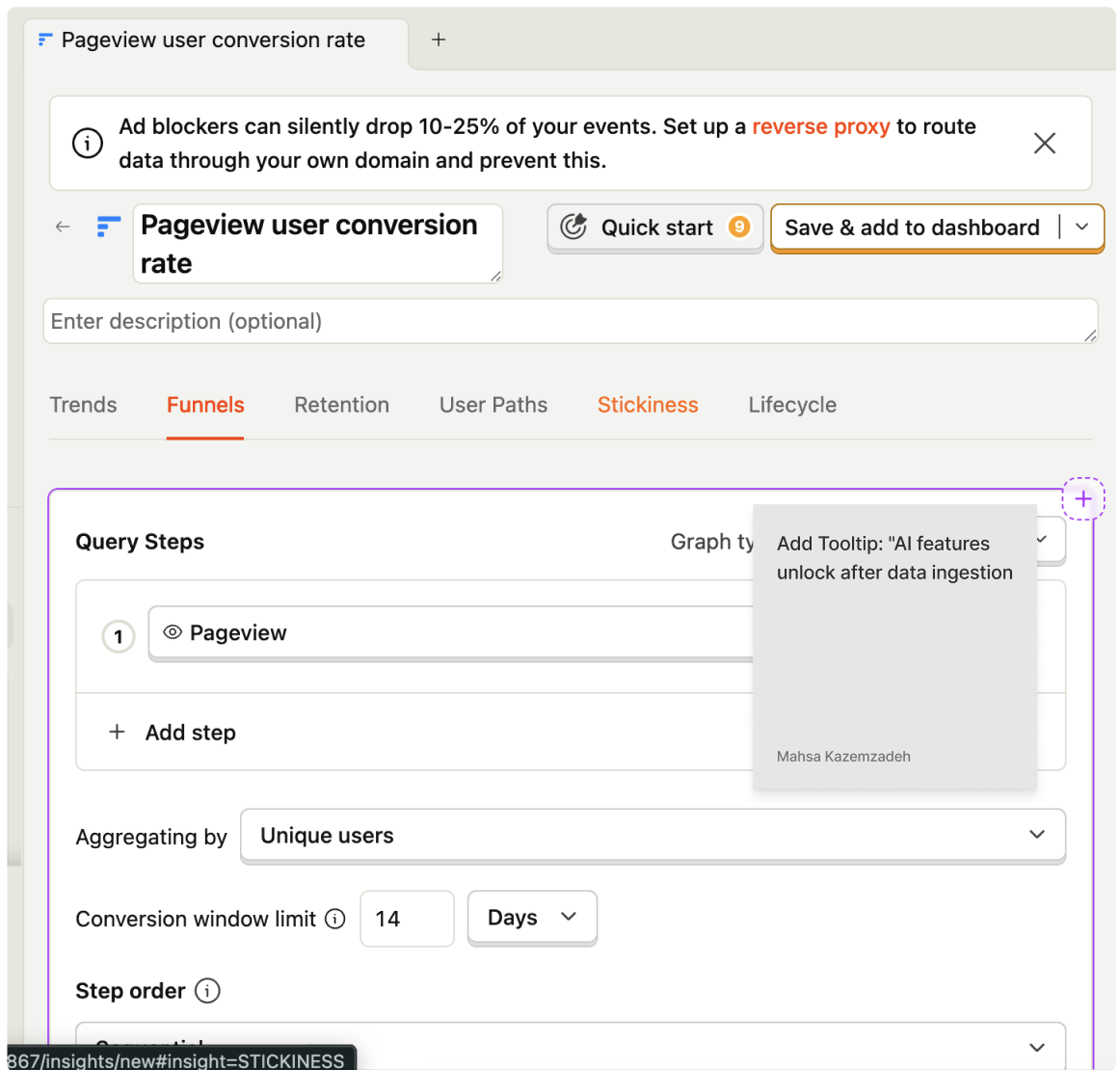 Annotated audit screen from the insight-to-dashboard flow