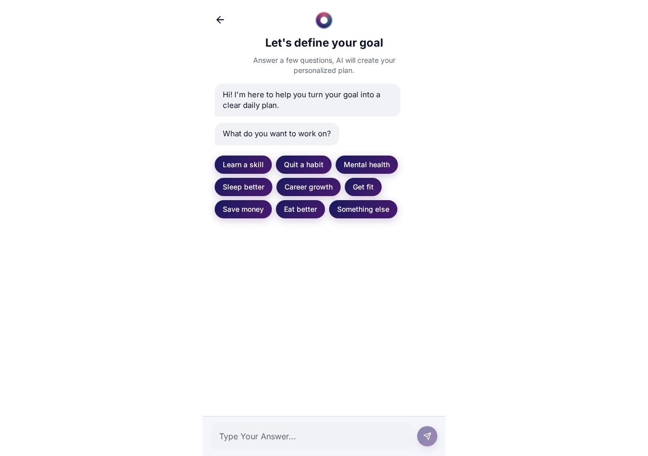 AI-guided goal definition chat turning an ambition into a SMART plan