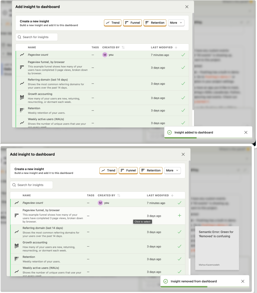 Side-by-side toasts showing green used for both 'added to dashboard' and 'removed from dashboard'